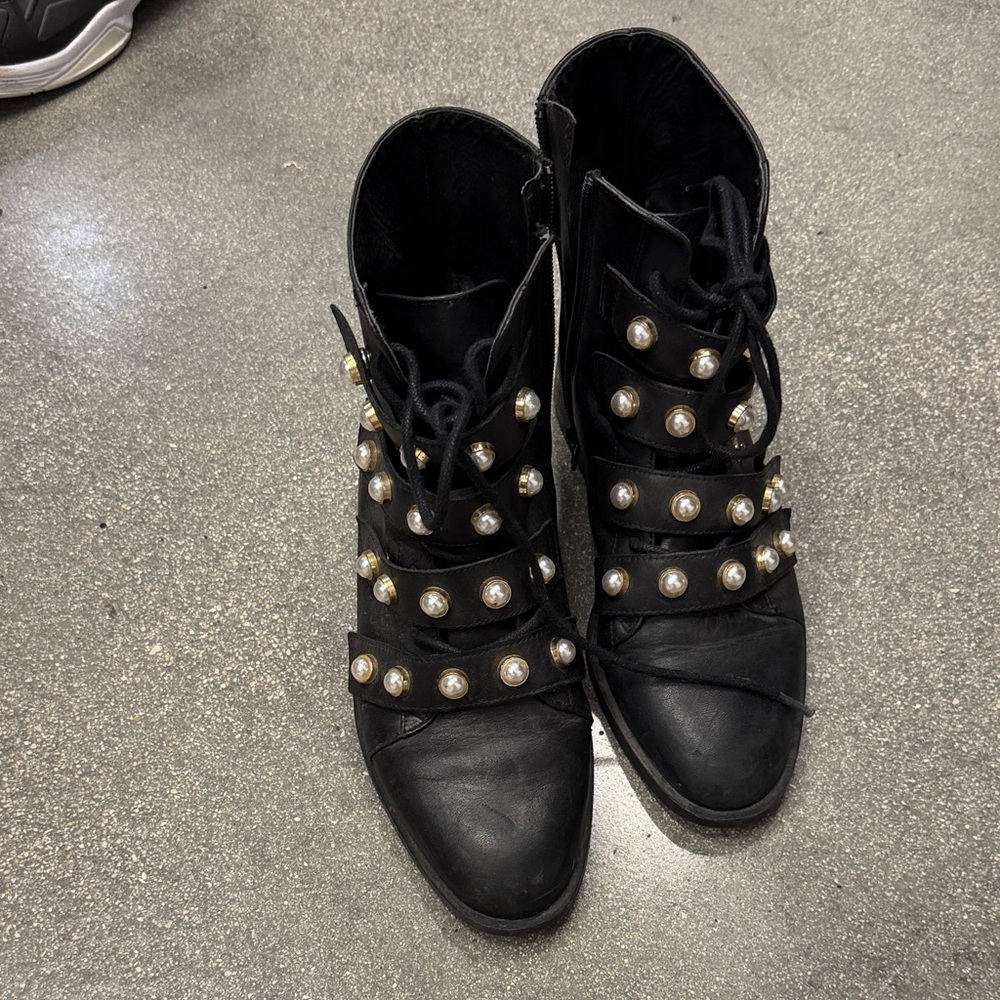 Zara Black Lace-Up Boots with Pearl Accents